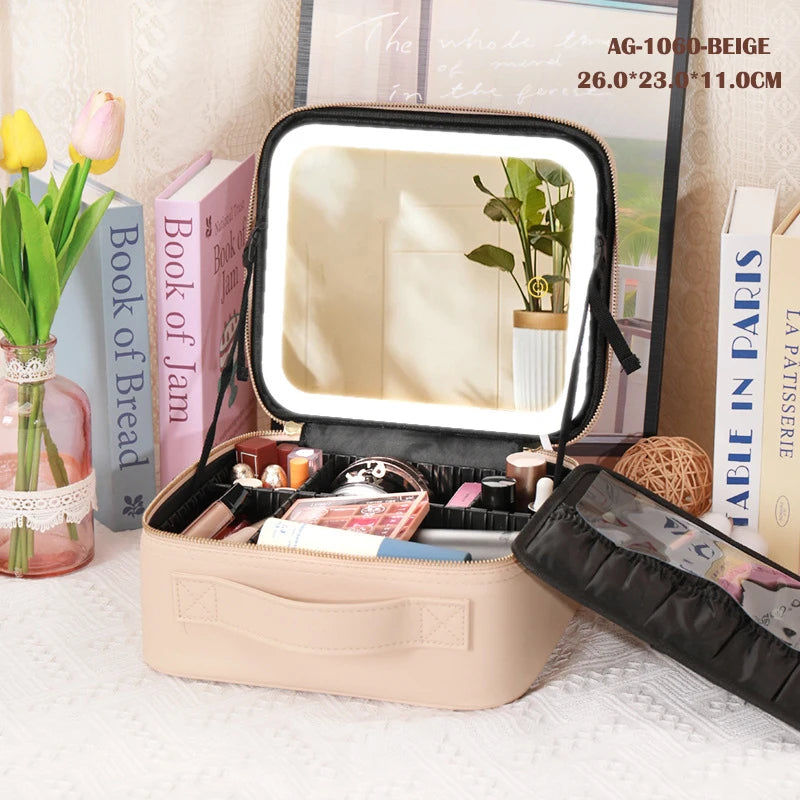 Cosmetic Portable Travel Storage Box with 2000Mah Led Rechargeable Vanity Bags Makeup Case with Led Light Mirror