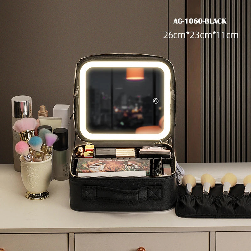 Cosmetic Portable Travel Storage Box with 2000Mah Led Rechargeable Vanity Bags Makeup Case with Led Light Mirror